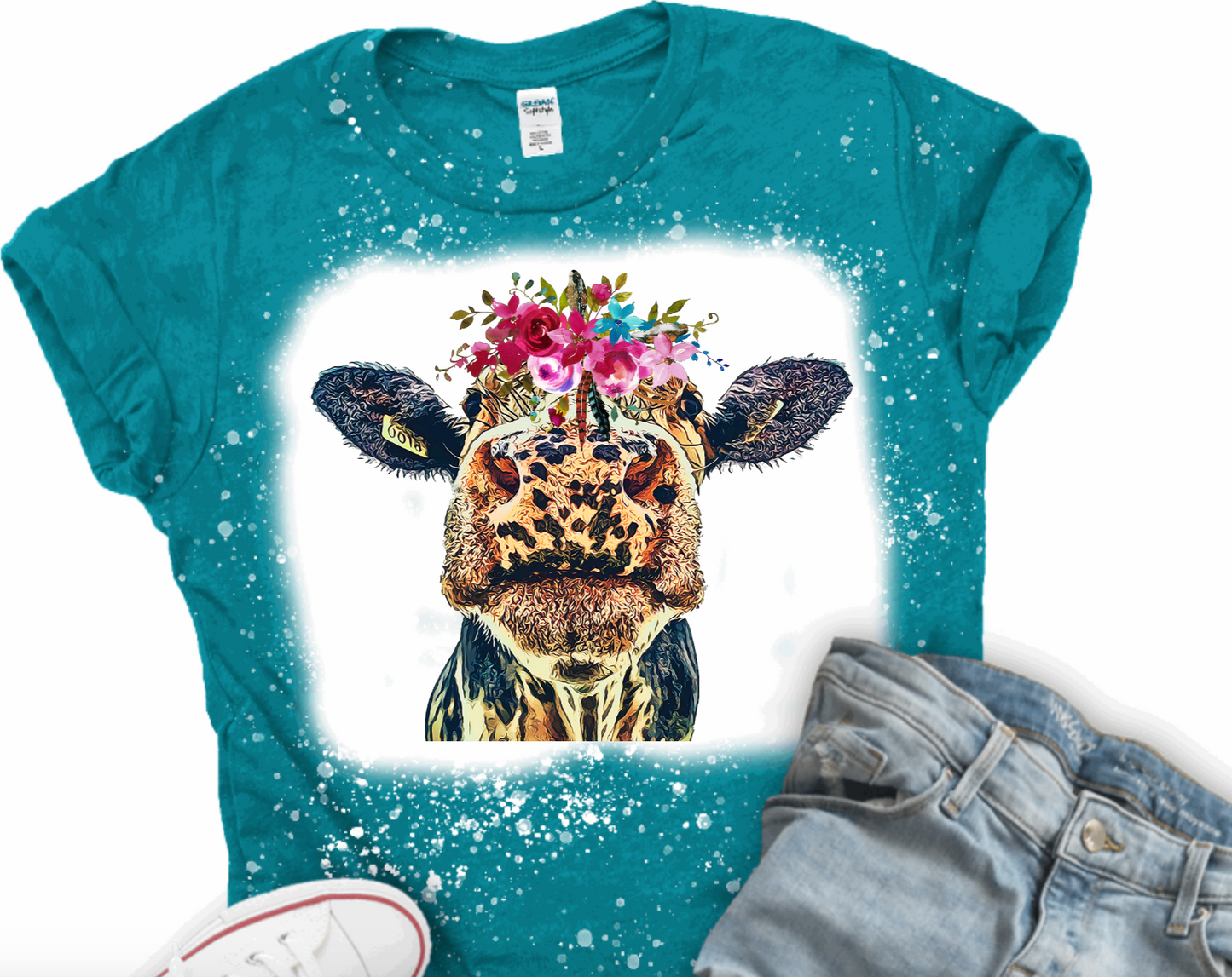 Cow with Flower Crown Bleached Graphic T-Shirt