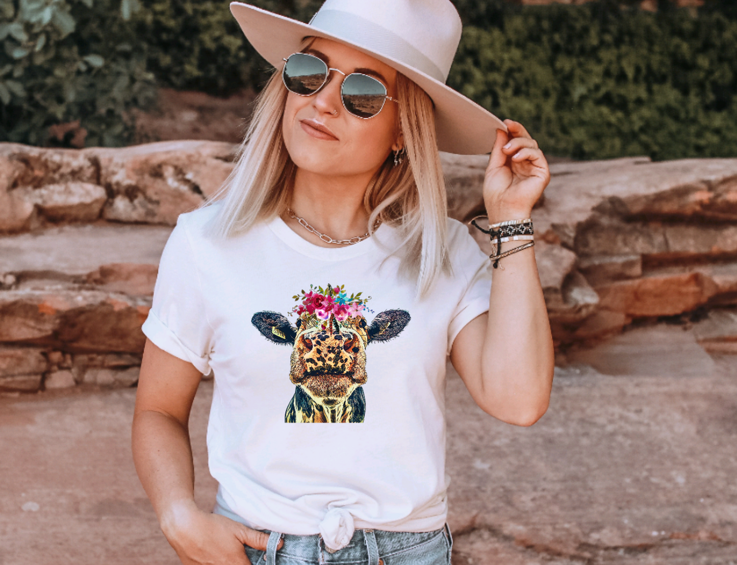 Cow with Flower Crown Western  Graphic Fashion T-Shirt